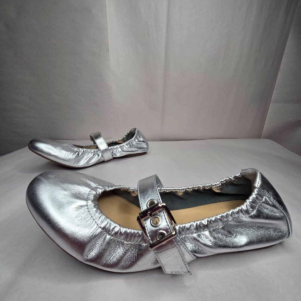 SCHUTZ Silver Metallic Leather Mary Jane Flats